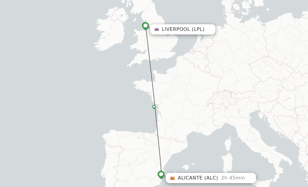 Flights from Liverpool to Alicante route map