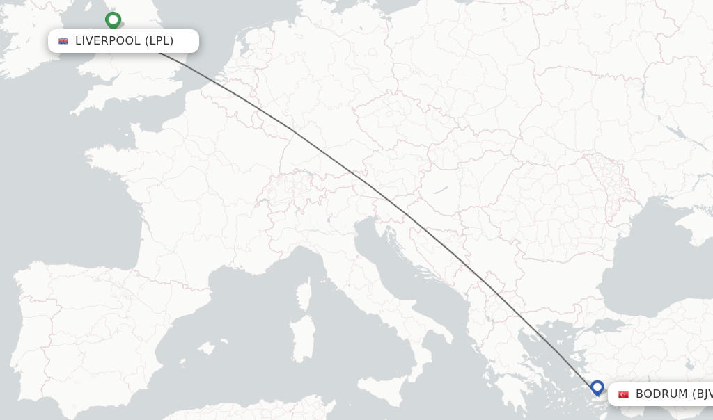 Flights from Liverpool to Bodrum route map