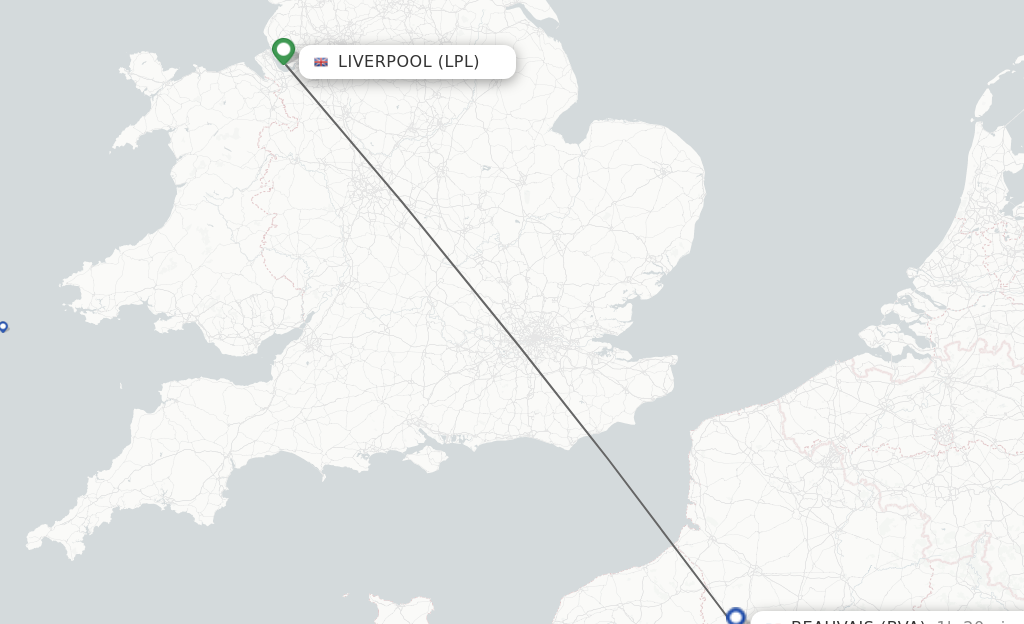 Flights from Liverpool to Beauvais route map