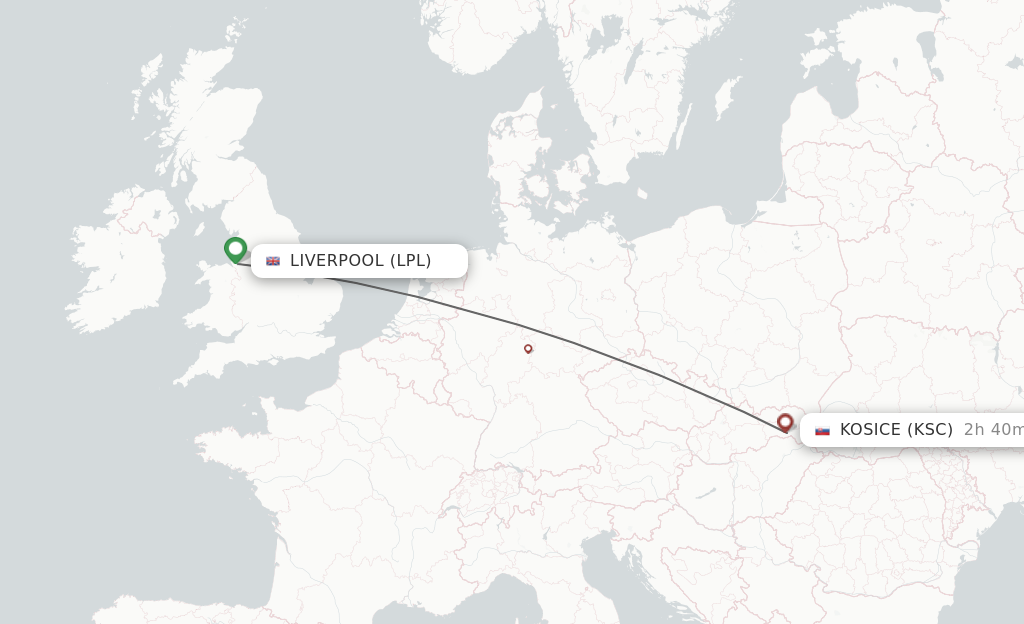 Flights from Liverpool to Kosice route map