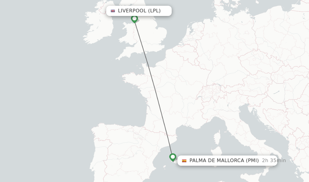 Flights from Liverpool to Palma de Mallorca route map