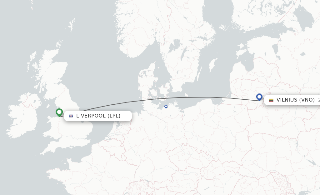 Flights from Liverpool to Vilnius route map