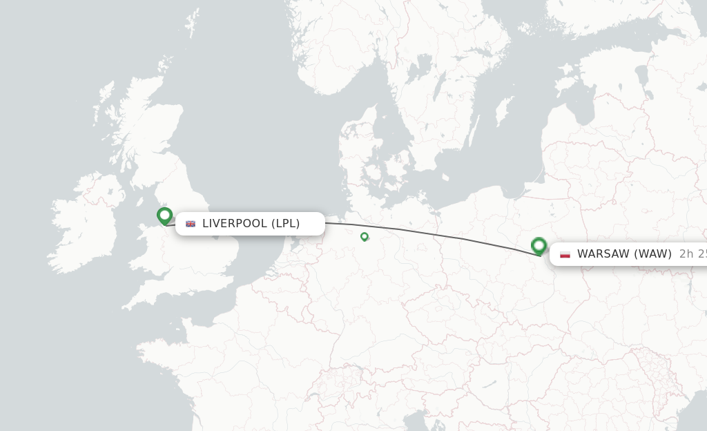 Flights from Liverpool to Warsaw route map