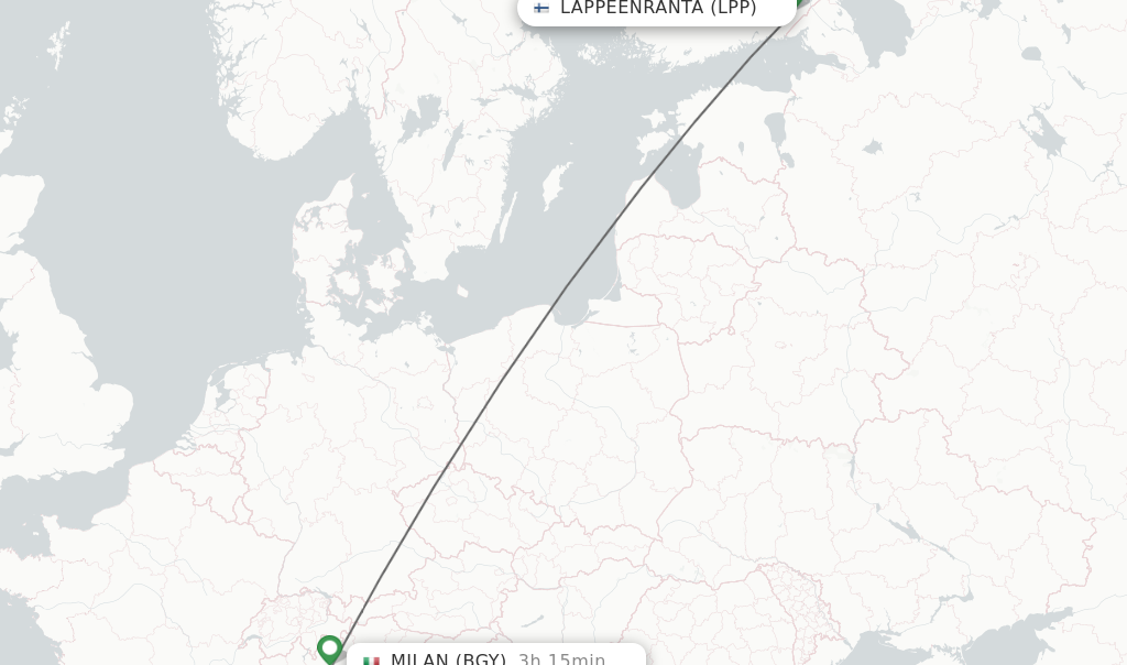 Flights from Lappeenranta to Milan route map