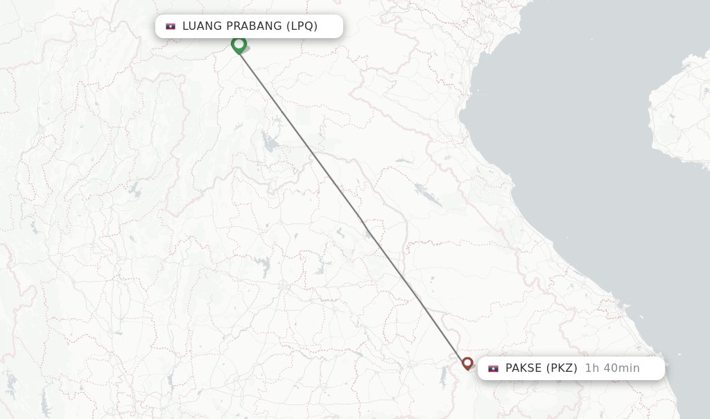 Flights from Luang Prabang to Pakse route map