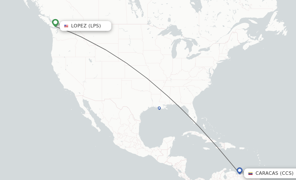 Flights from Lopez Island to Caracas route map