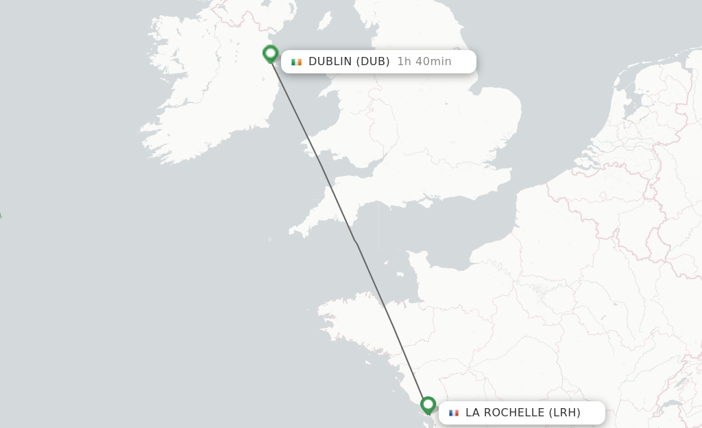 Flights from La Rochelle to Dublin route map