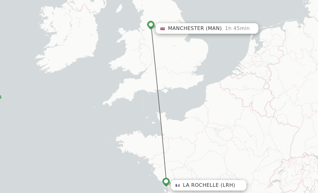 Flights from La Rochelle to Manchester route map