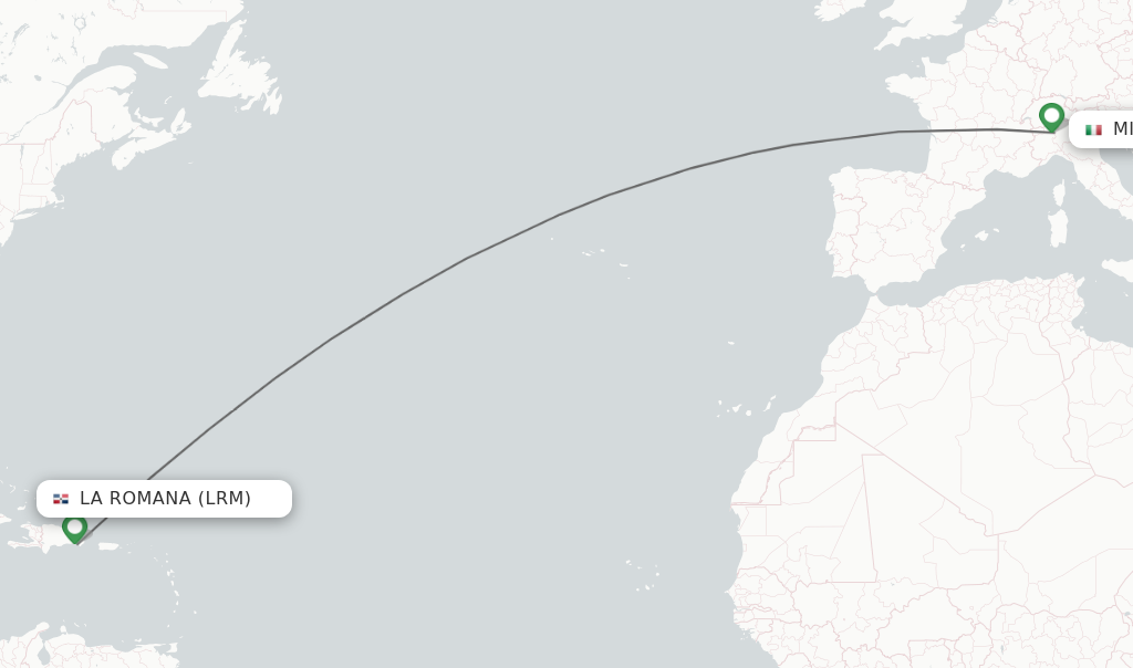 Flights from La Romana to Milan route map