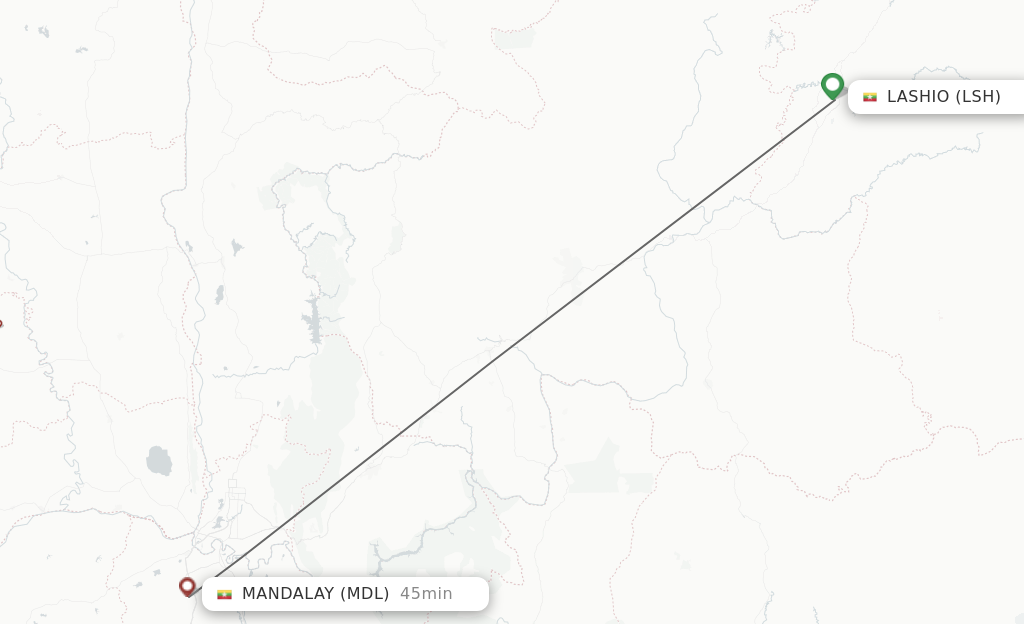 Flights from Lashio to Mandalay route map
