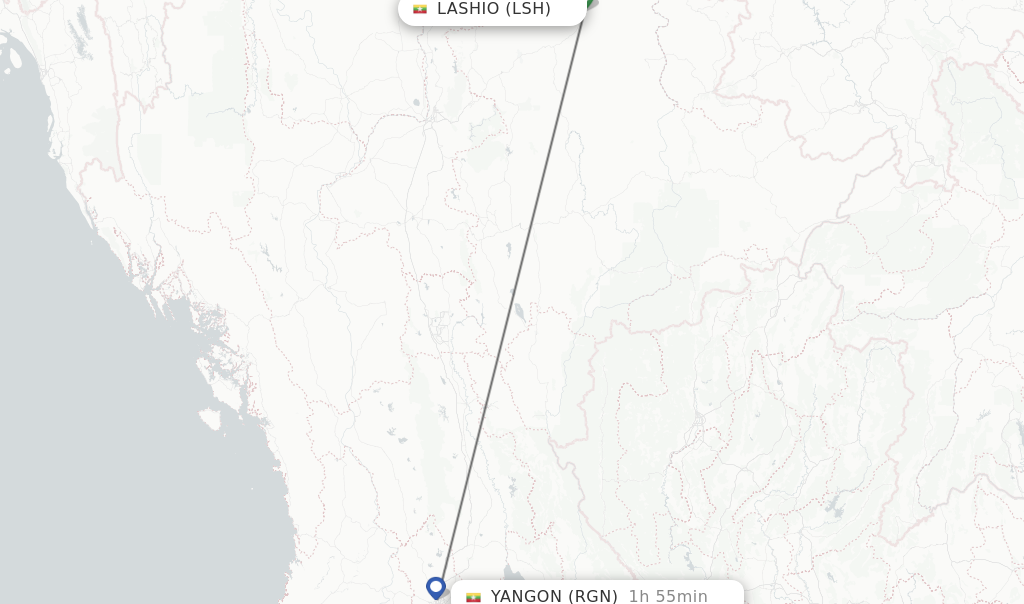 Flights from Lashio to Yangon route map