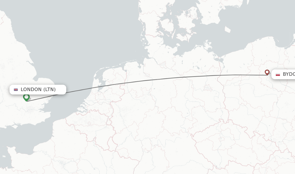 Flights from London to Bydgoszcz route map