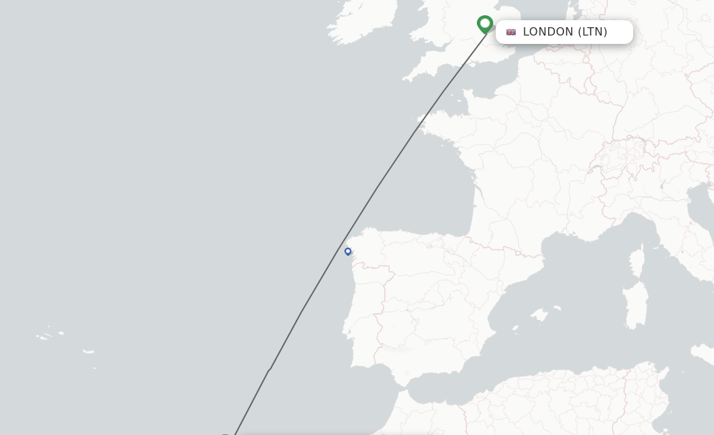 Flights from London to Funchal route map