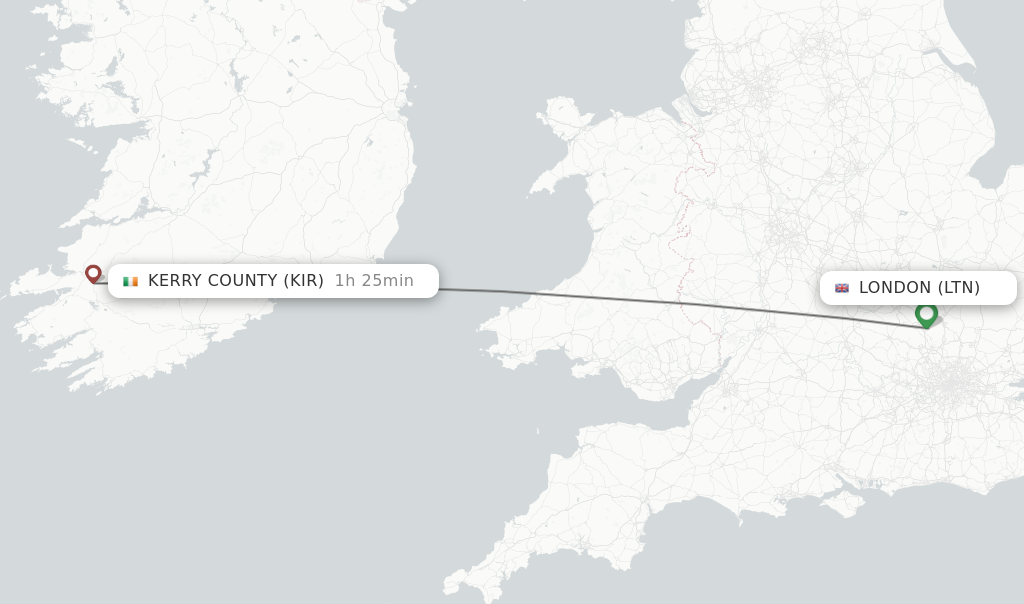 Flights from London to Kerry County route map