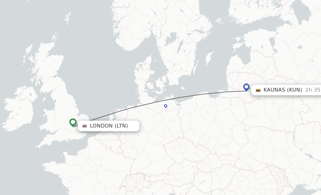 Flights from London to Kaunas route map