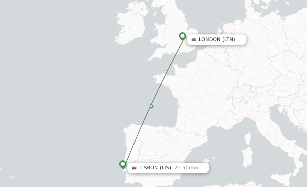 Flights from London to Lisbon route map