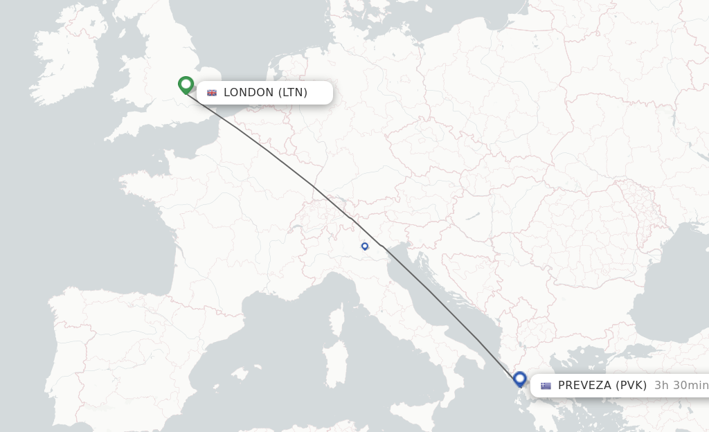 Flights from London to Preveza route map