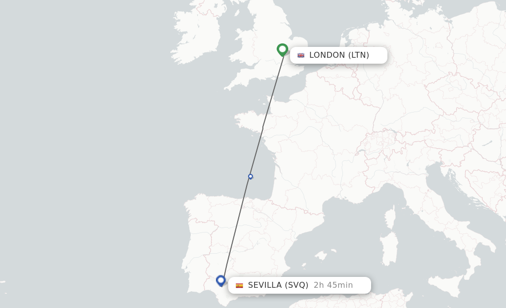 Flights from London to Sevilla route map
