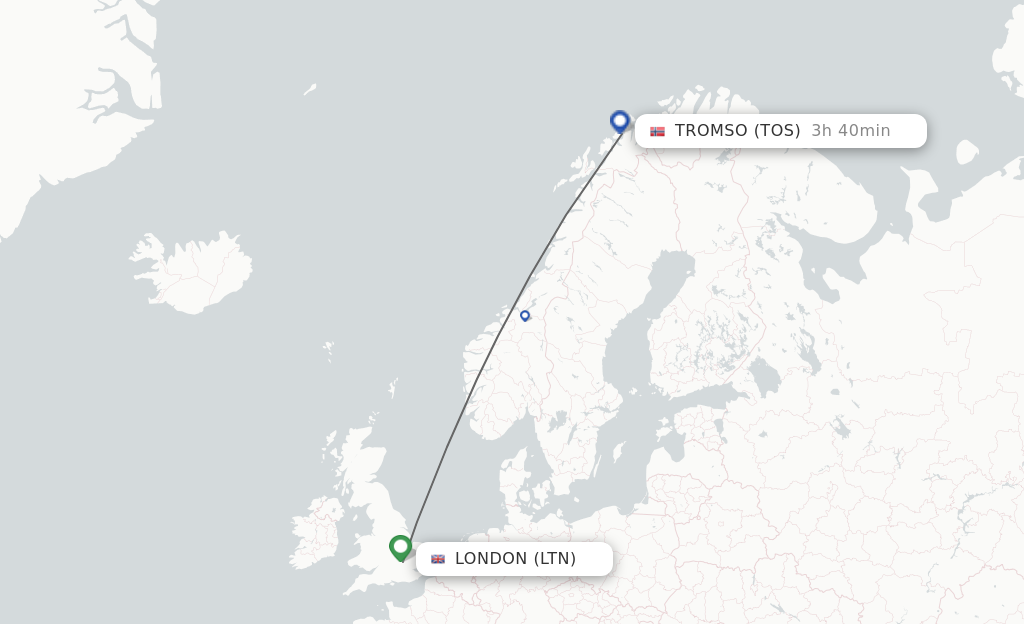 Flights from London to Tromso route map
