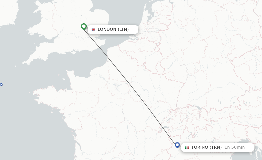Flights from London to Turin route map