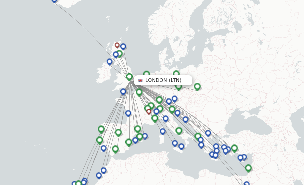 Route map with flights from London with easyJet