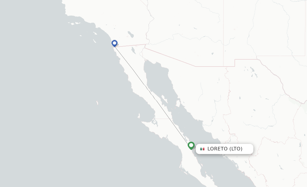 Route map with flights from Loreto with Volaris