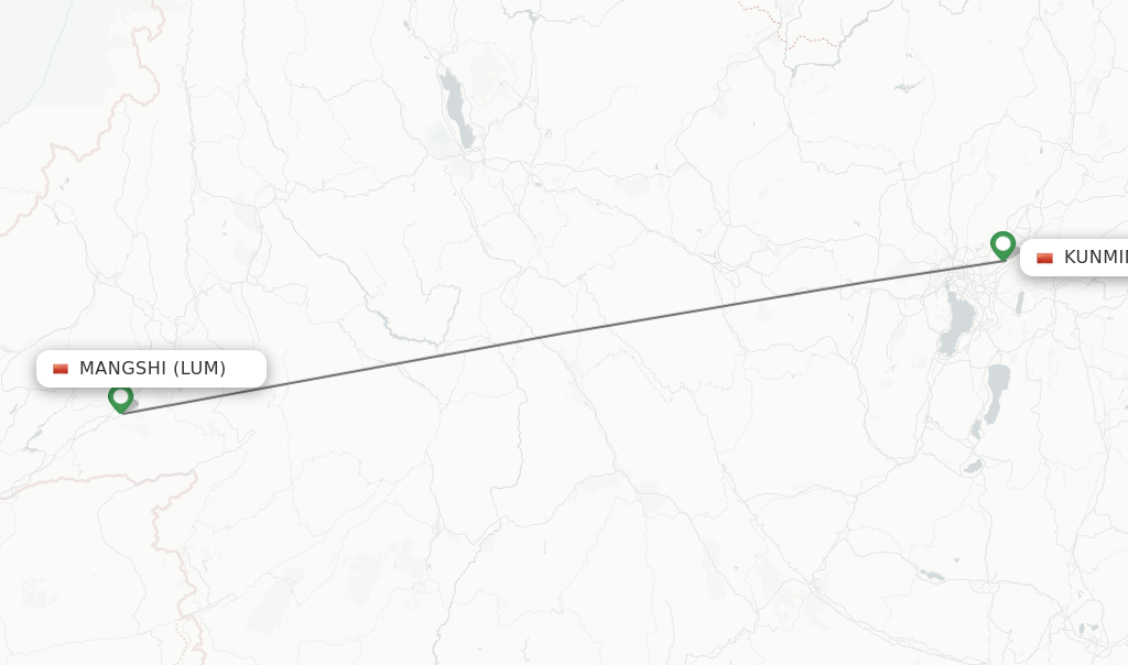 Flights from Mangshi to Kunming route map