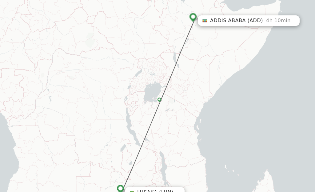Flights from Lusaka to Addis Ababa route map