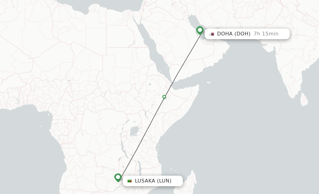 Flights from Lusaka to Doha route map