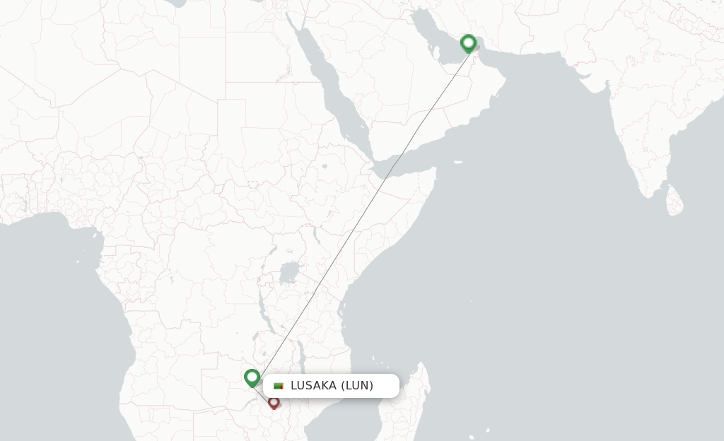 Route map with flights from Lusaka with Emirates