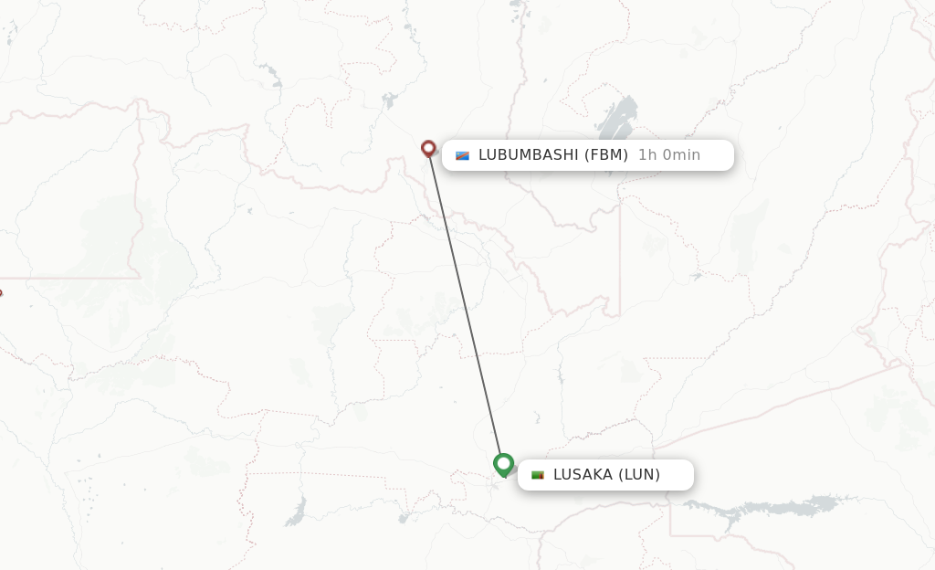 Flights from Lusaka to Lubumbashi route map