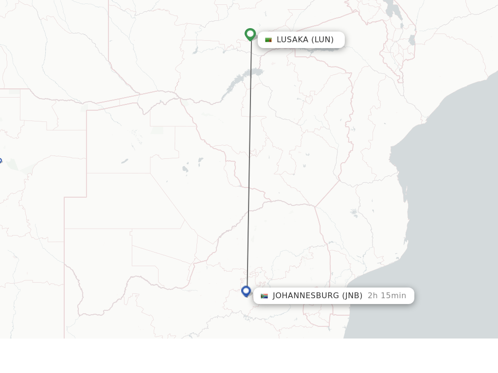 Flights from Lusaka to Johannesburg route map