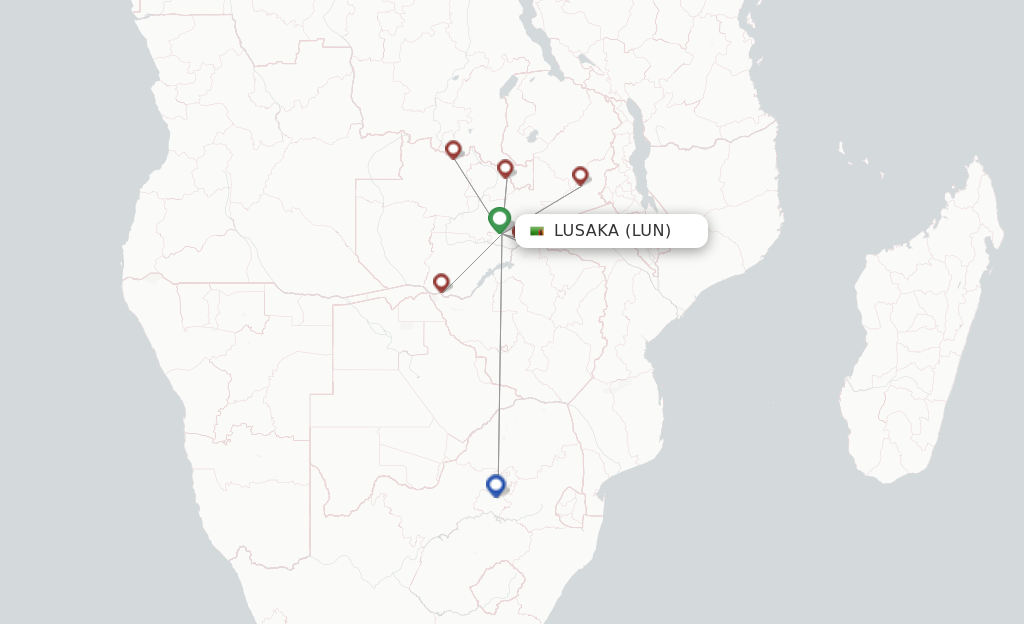 Route map with flights from Lusaka with Proflight Zambia