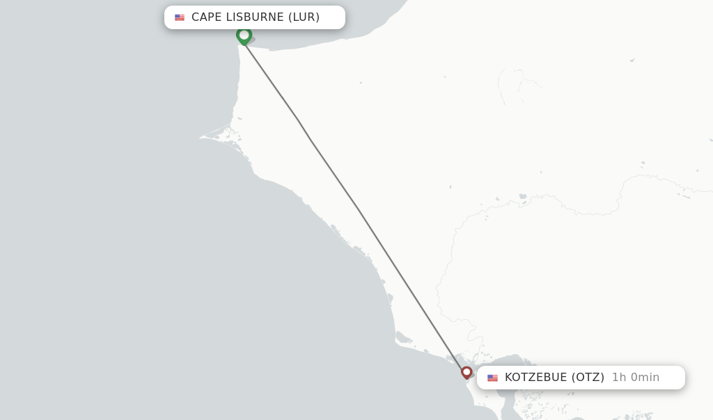 Flights from Cape Lisburne to Kotzebue route map