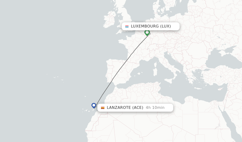Flights from Luxembourg to Lanzarote route map