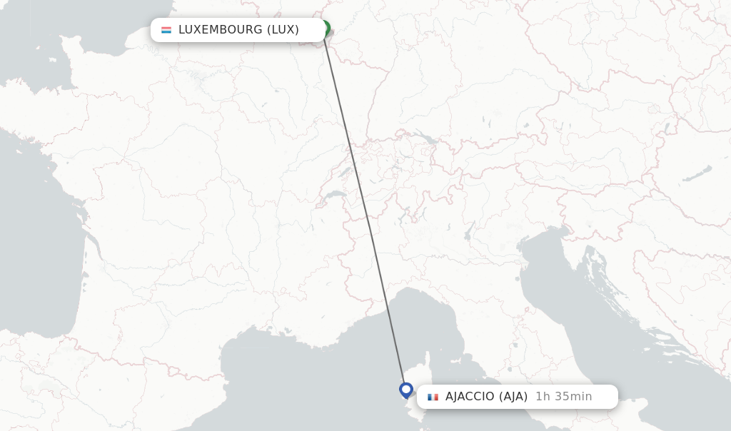 Flights from Luxembourg to Ajaccio route map