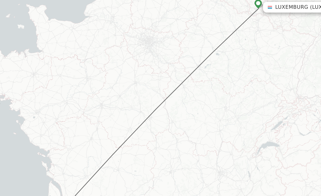 Flights from Luxembourg to Bordeaux route map