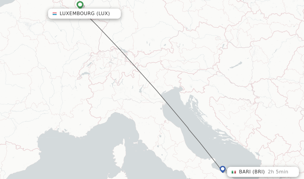 Flights from Luxembourg to Bari route map