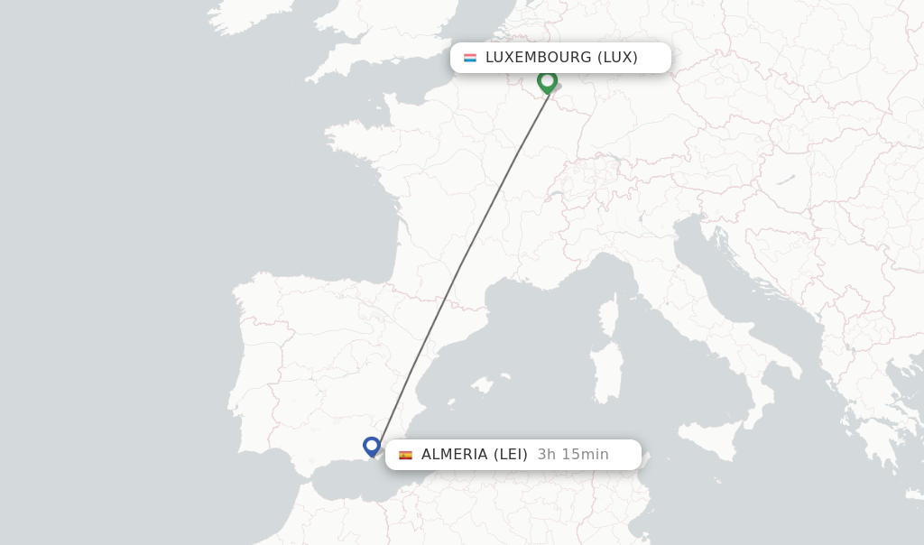 Flights from Luxembourg to Almeria route map