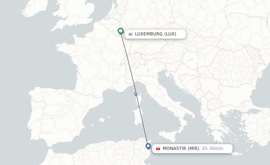 Flights from Luxembourg to Monastir route map