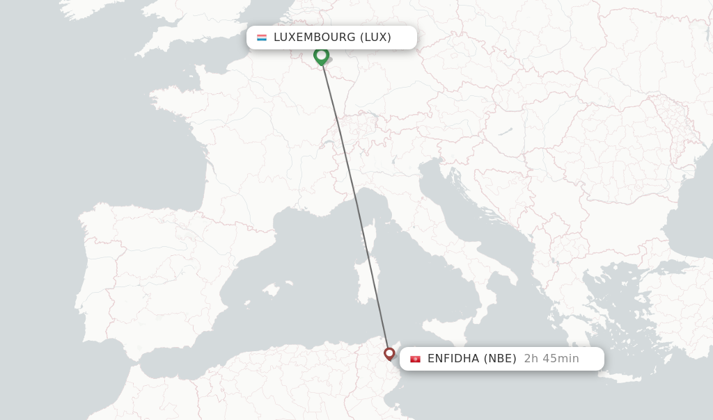 Flights from Luxembourg to Enfidha route map