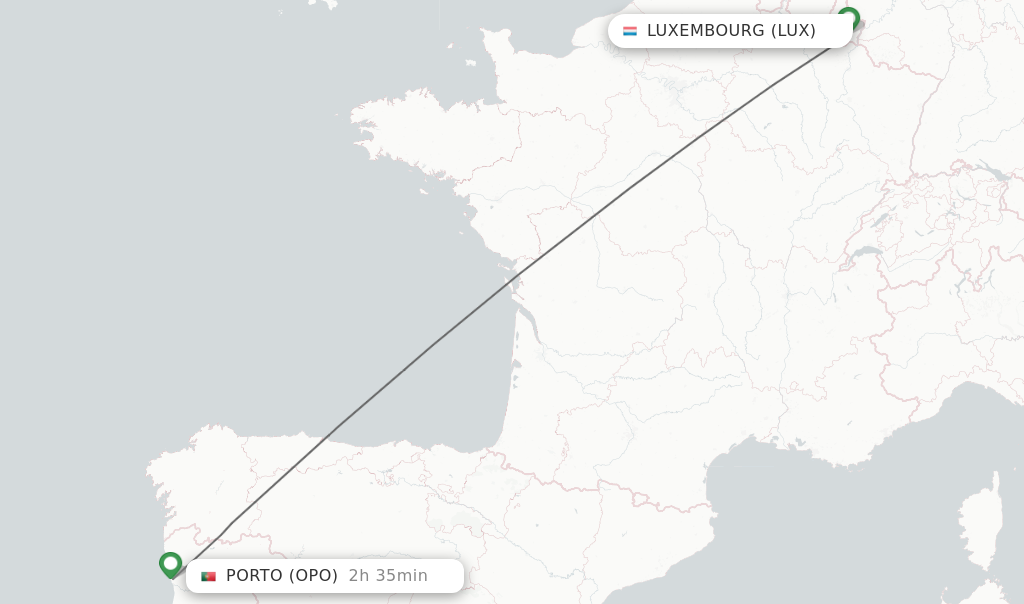 Flights from Luxembourg to Porto route map