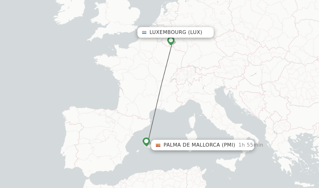 Flights from Luxembourg to Palma de Mallorca route map