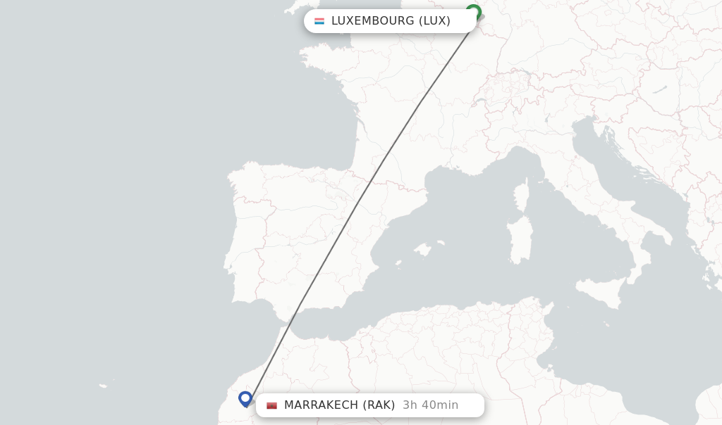 Flights from Luxembourg to Marrakech route map