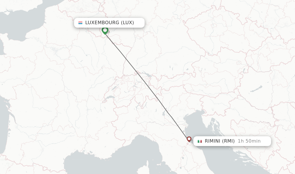 Flights from Luxembourg to Rimini route map