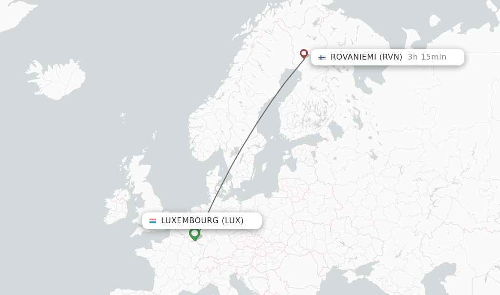 Flights from Luxembourg to Rovaniemi route map