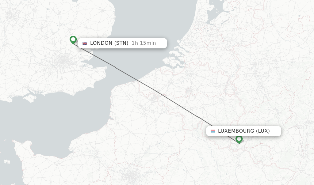 Flights from Luxembourg to London route map