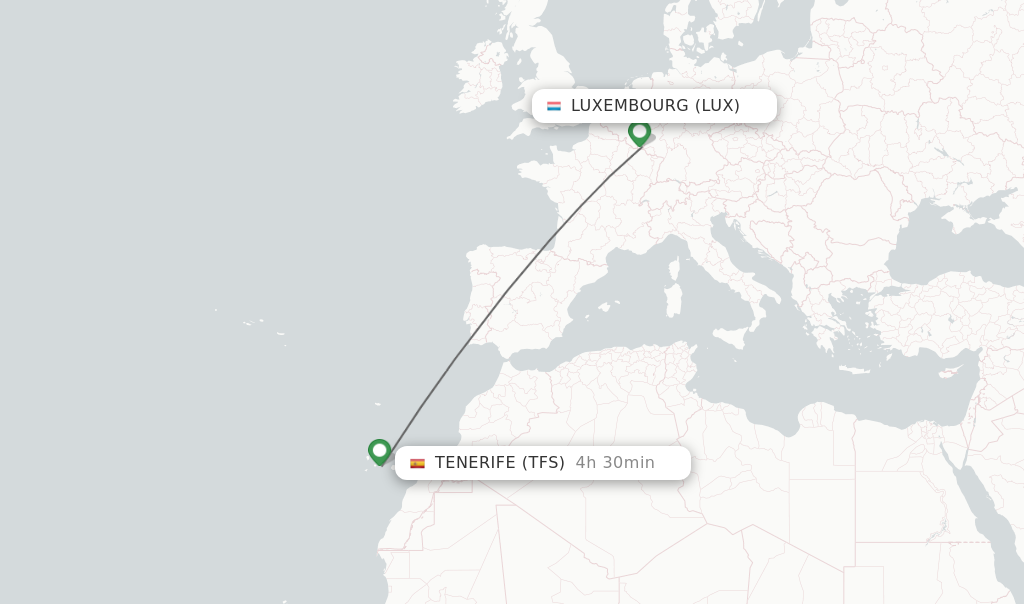 Flights from Luxembourg to Tenerife route map