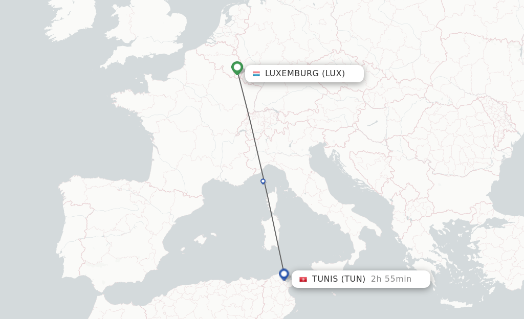 Flights from Luxembourg to Tunis route map