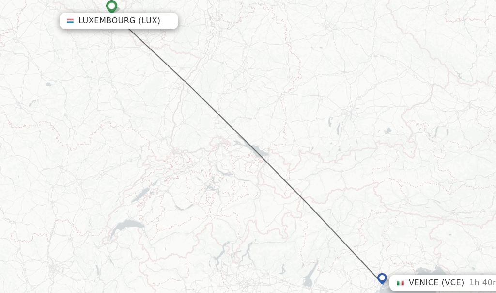Flights from Luxembourg to Venice route map